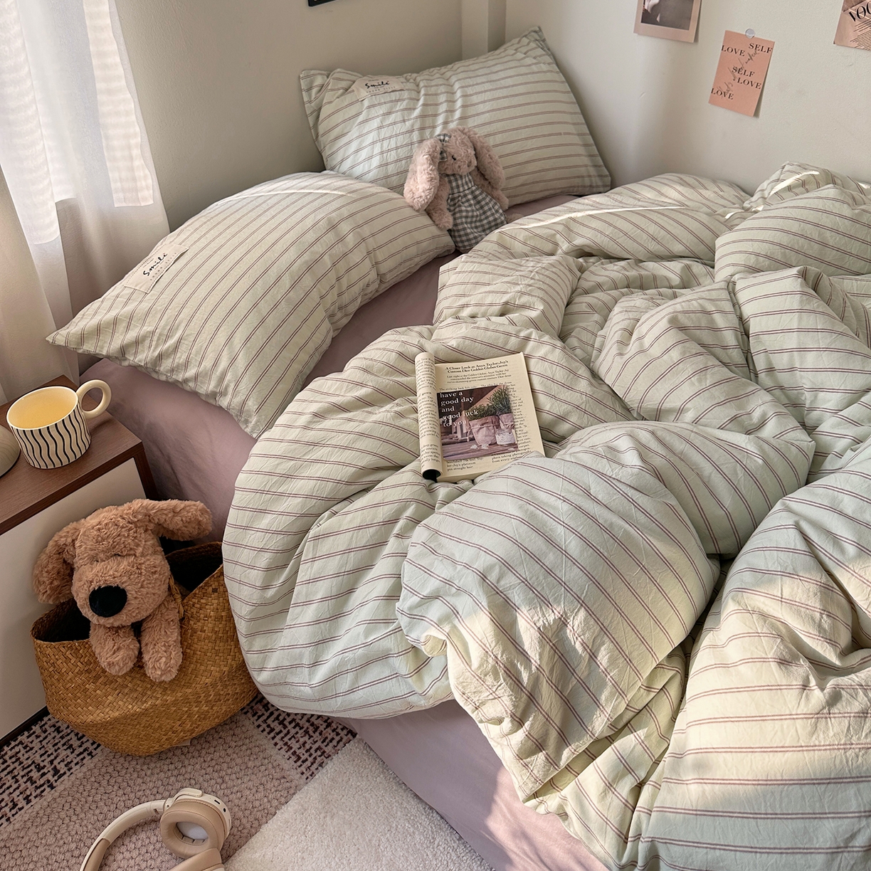 91家纺网 家纺一手货源 找家纺 艾咪-Amy ntmy 2026春夏新款布标款全棉纯棉色织水洗棉四件套-告白 告白-绿条