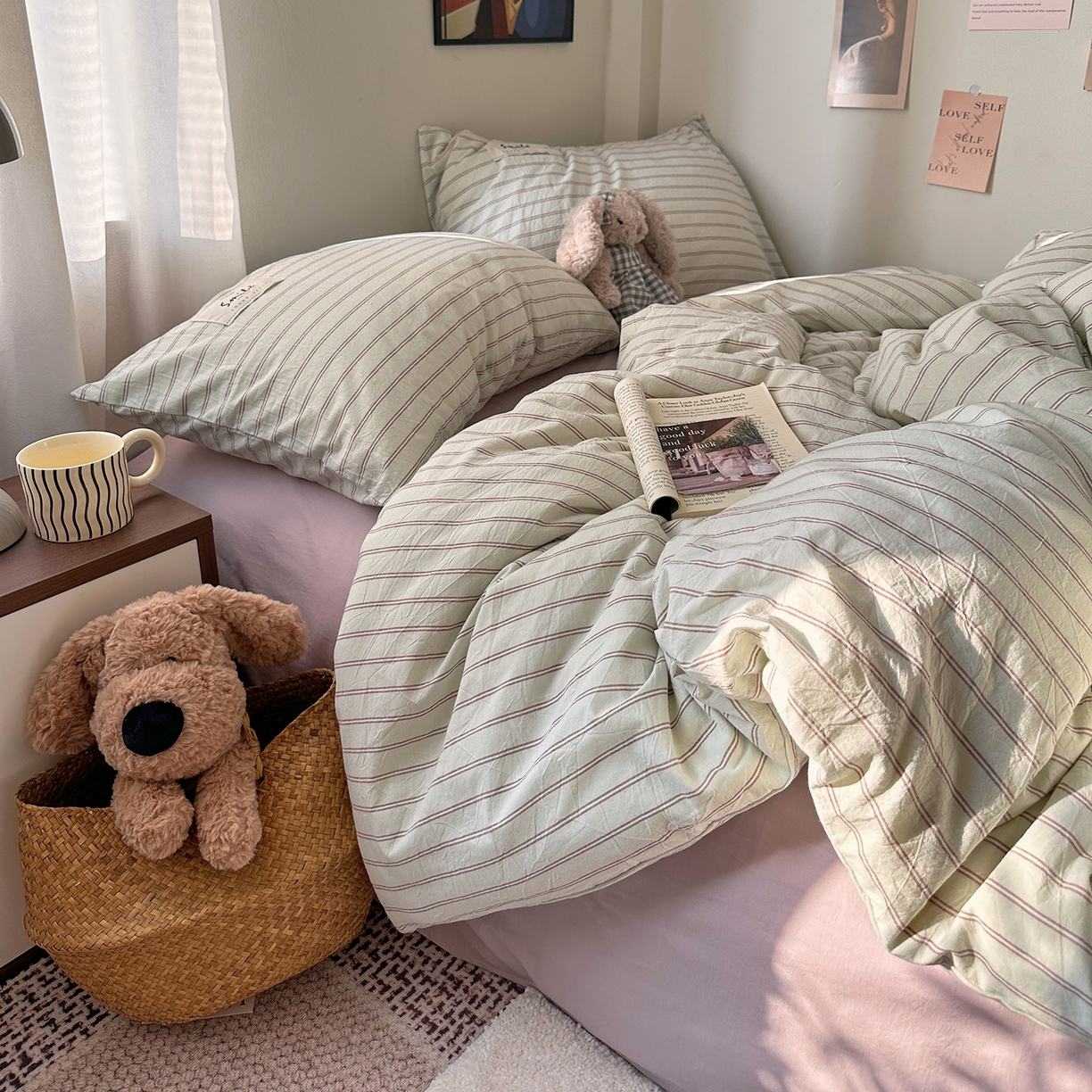 91家纺网 家纺一手货源 找家纺 艾咪-Amy ntmy 2026春夏新款布标款全棉纯棉色织水洗棉四件套-告白 告白-绿条