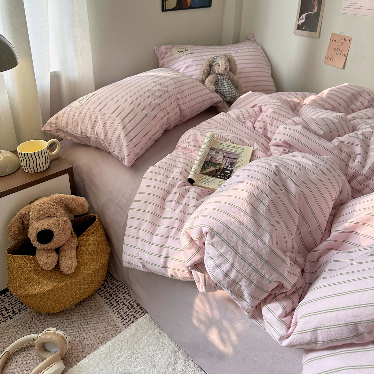 91家纺网 家纺一手货源 找家纺 艾咪-Amy ntmy 2026春夏新款布标款全棉纯棉色织水洗棉四件套-告白 告白-粉条