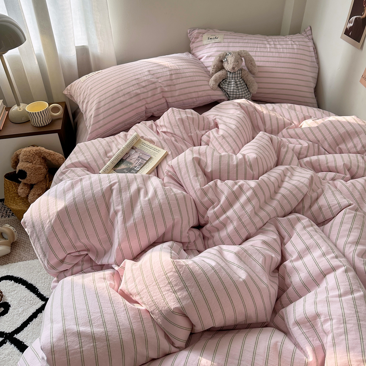 91家纺网 家纺一手货源 找家纺 艾咪-Amy ntmy 2026春夏新款布标款全棉纯棉色织水洗棉四件套-告白 告白-粉条