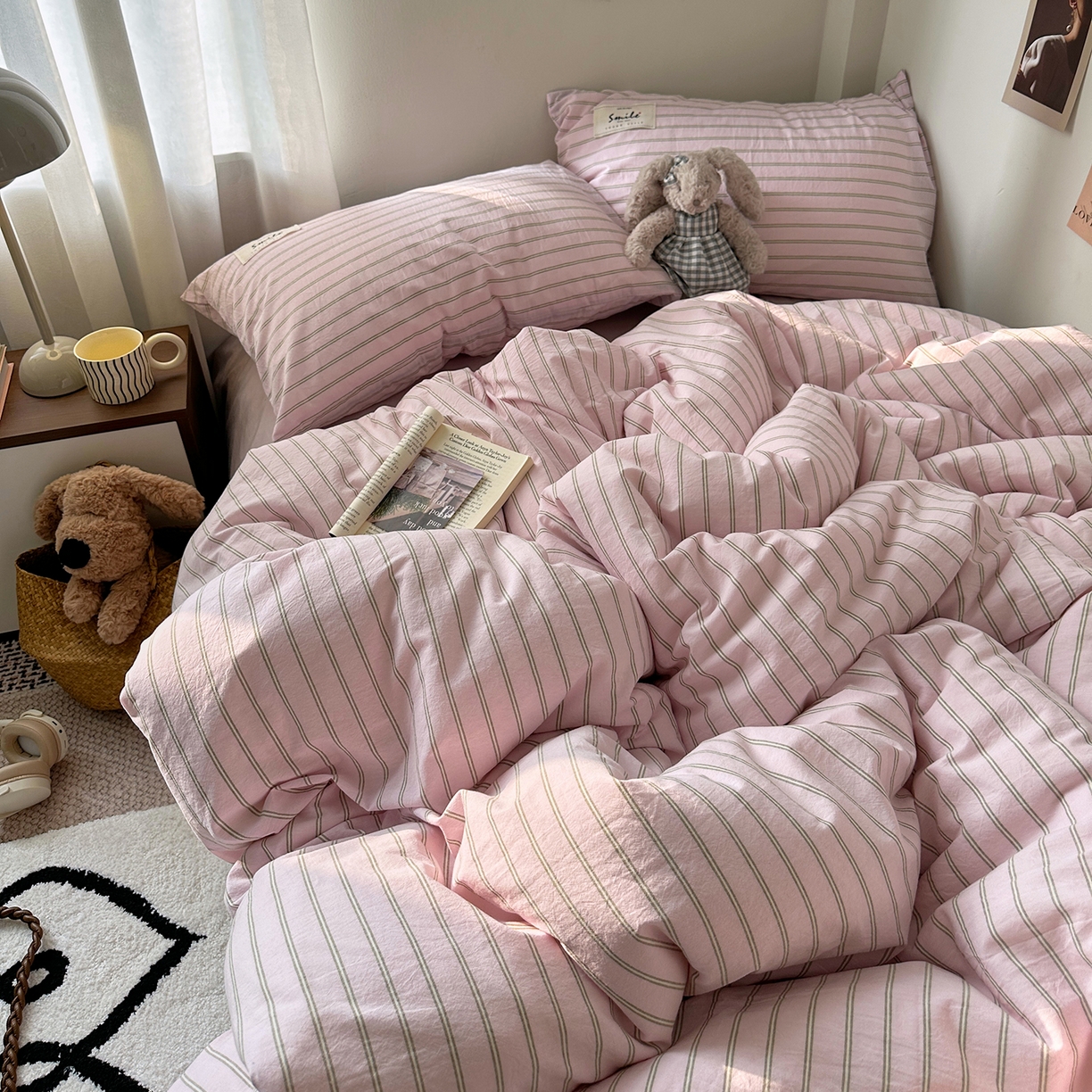 91家纺网 家纺一手货源 找家纺 艾咪-Amy ntmy 2026春夏新款布标款全棉纯棉色织水洗棉四件套-告白 告白-粉条