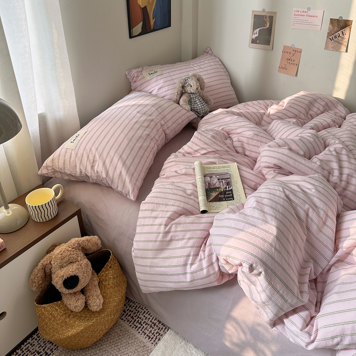 91家纺网 家纺一手货源 找家纺 艾咪-Amy ntmy 2026春夏新款布标款全棉纯棉色织水洗棉四件套-告白 告白-粉条