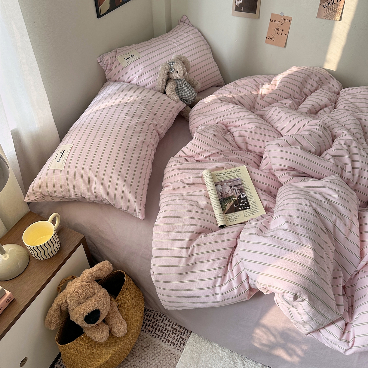 91家纺网 家纺一手货源 找家纺 艾咪-Amy ntmy 2026春夏新款布标款全棉纯棉色织水洗棉四件套-告白 告白-粉条