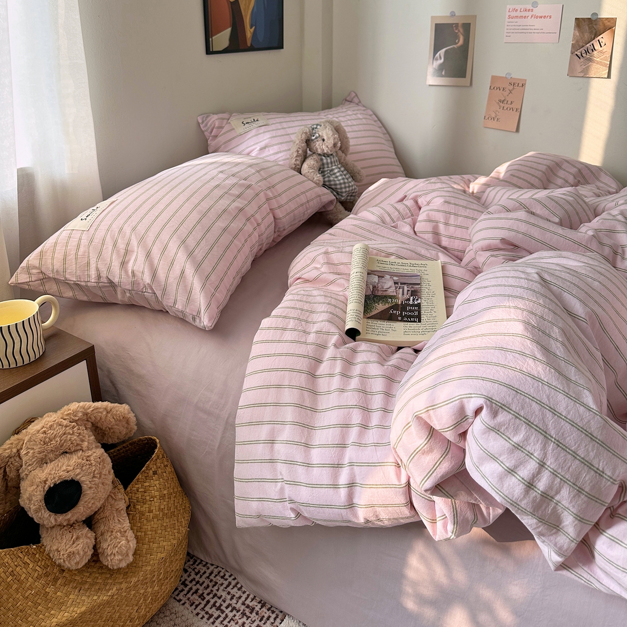 91家纺网 家纺一手货源 找家纺 艾咪-Amy ntmy 2026春夏新款布标款全棉纯棉色织水洗棉四件套-告白 告白-粉条