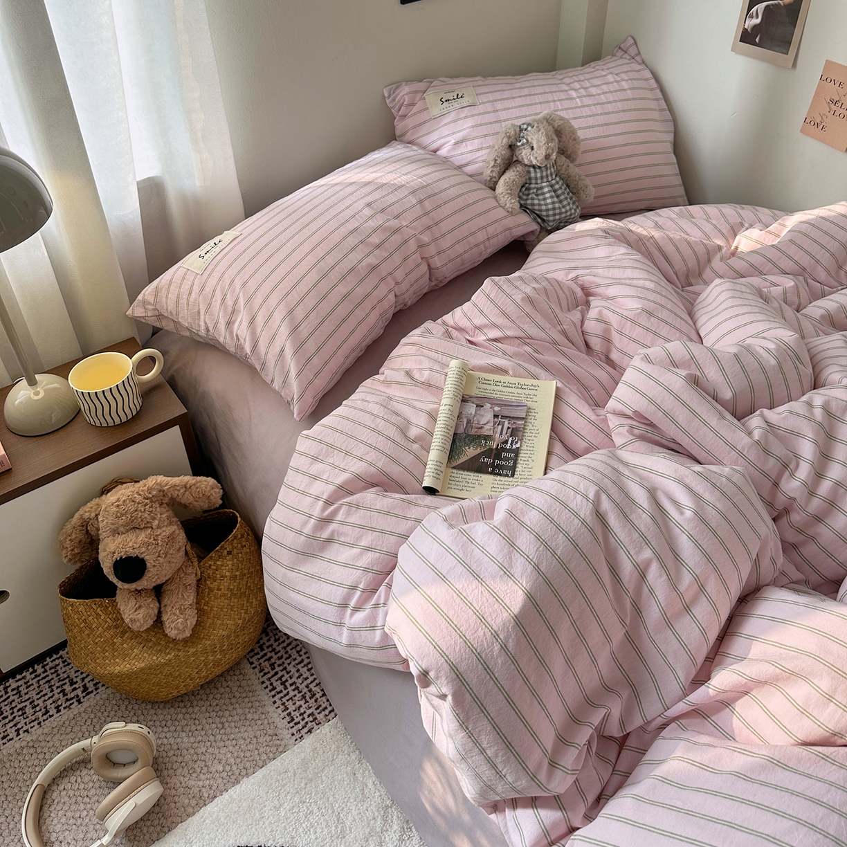 91家纺网 家纺一手货源 找家纺 艾咪-Amy ntmy 2026春夏新款布标款全棉纯棉色织水洗棉四件套-告白 告白-粉条