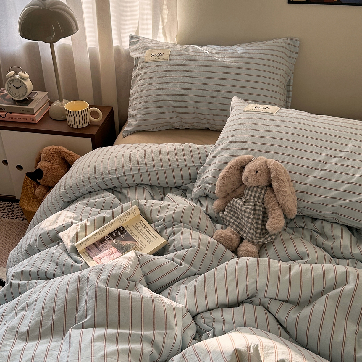 91家纺网 家纺一手货源 找家纺 艾咪-Amy ntmy 2026春夏新款布标款全棉纯棉色织水洗棉四件套-告白 告白-蓝条