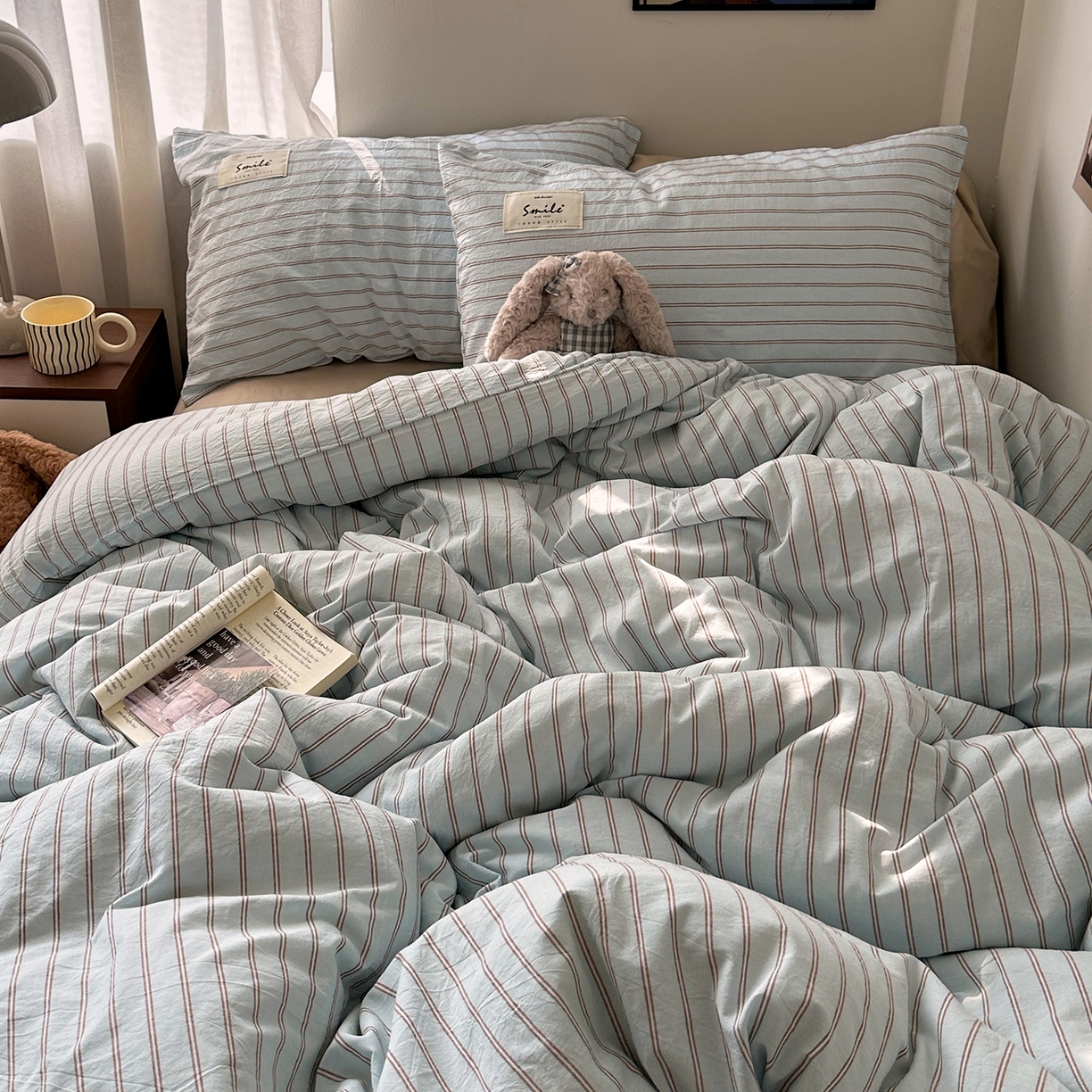 91家纺网 家纺一手货源 找家纺 艾咪-Amy ntmy 2026春夏新款布标款全棉纯棉色织水洗棉四件套-告白 告白-蓝条