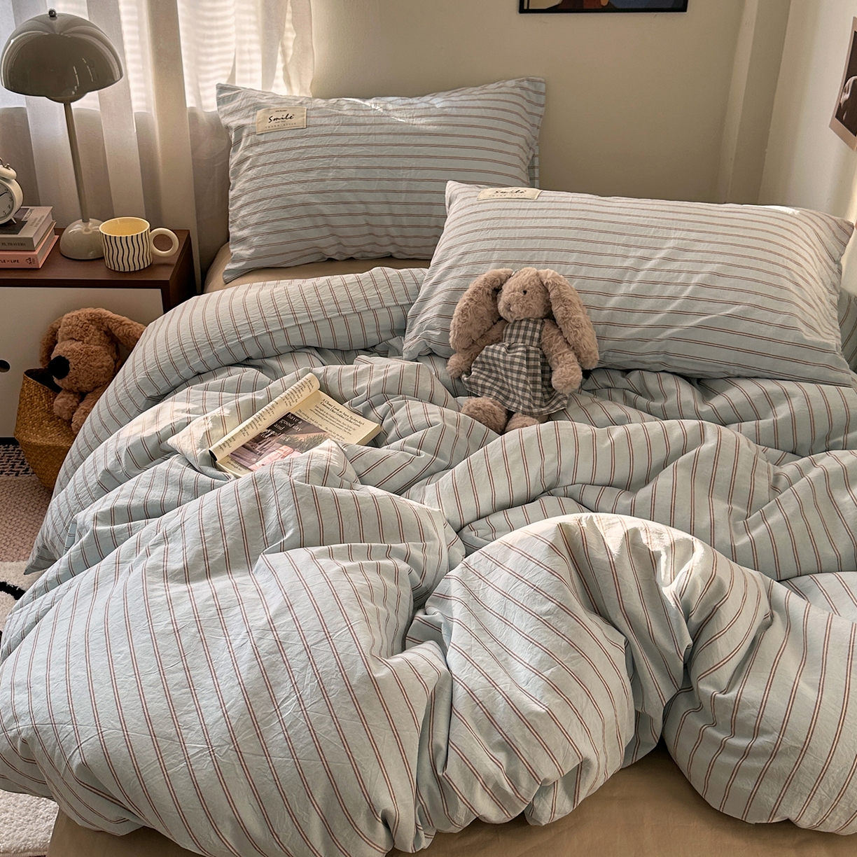 91家纺网 家纺一手货源 找家纺 艾咪-Amy ntmy 2026春夏新款布标款全棉纯棉色织水洗棉四件套-告白 告白-蓝条