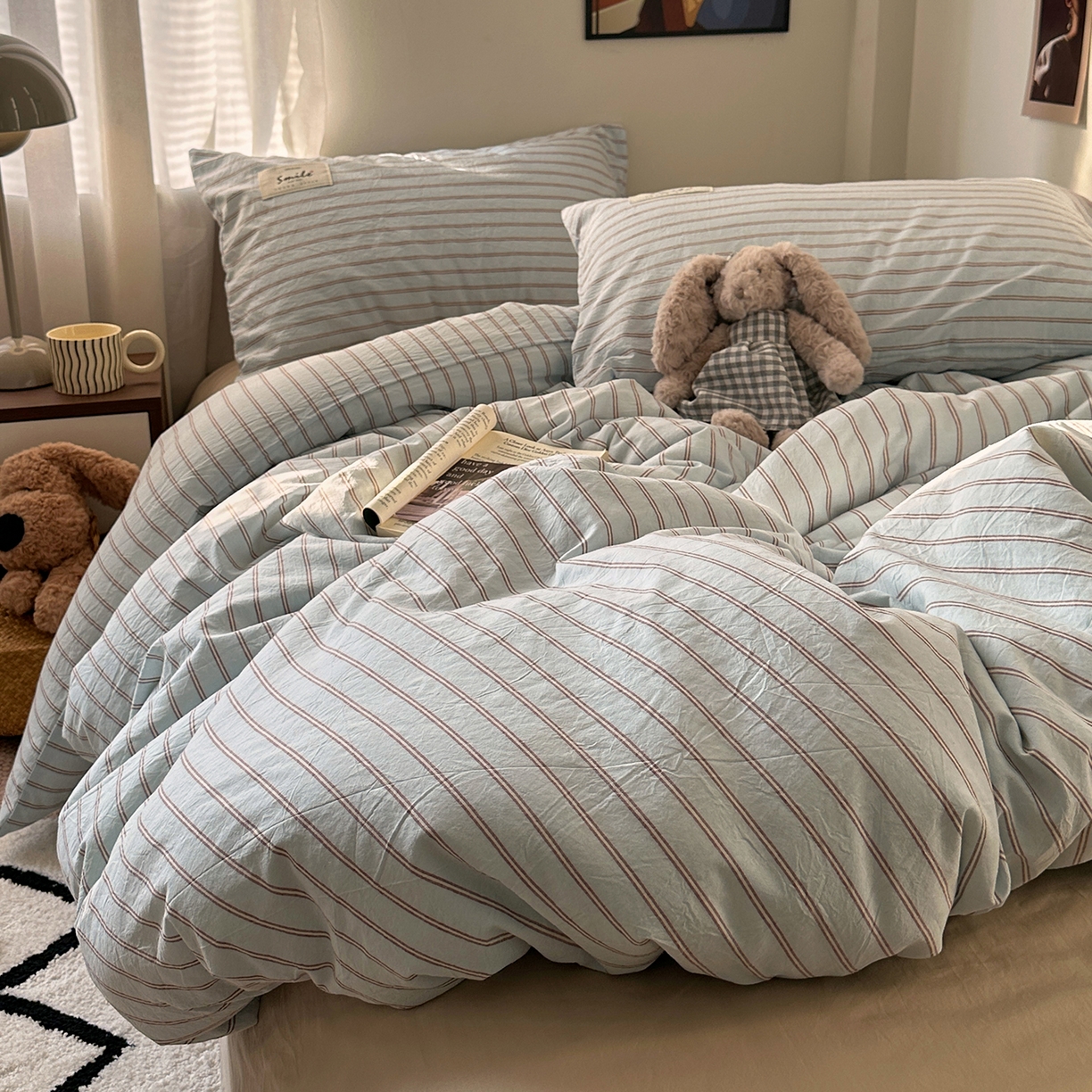 91家纺网 家纺一手货源 找家纺 艾咪-Amy ntmy 2026春夏新款布标款全棉纯棉色织水洗棉四件套-告白 告白-蓝条