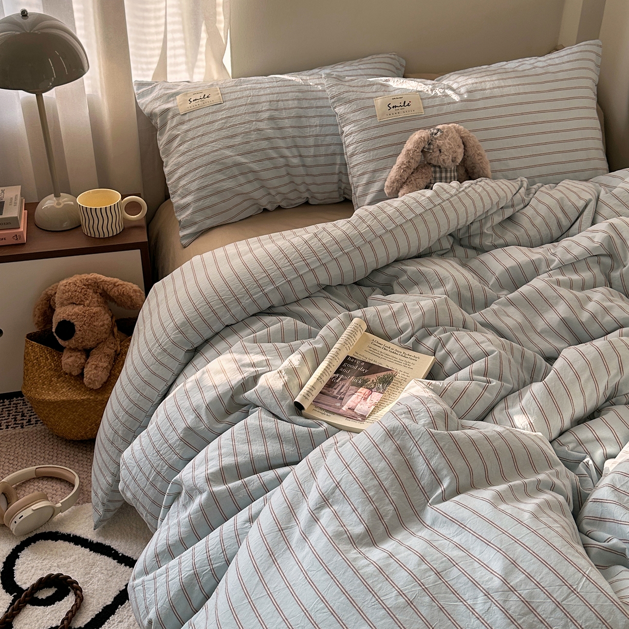 91家纺网 家纺一手货源 找家纺 艾咪-Amy ntmy 2026春夏新款布标款全棉纯棉色织水洗棉四件套-告白 告白-蓝条