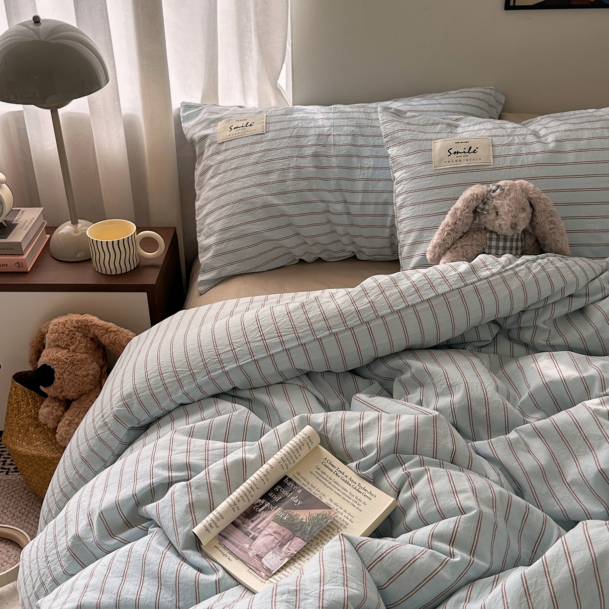 91家纺网 家纺一手货源 找家纺 艾咪-Amy ntmy 2026春夏新款布标款全棉纯棉色织水洗棉四件套-告白 告白-蓝条