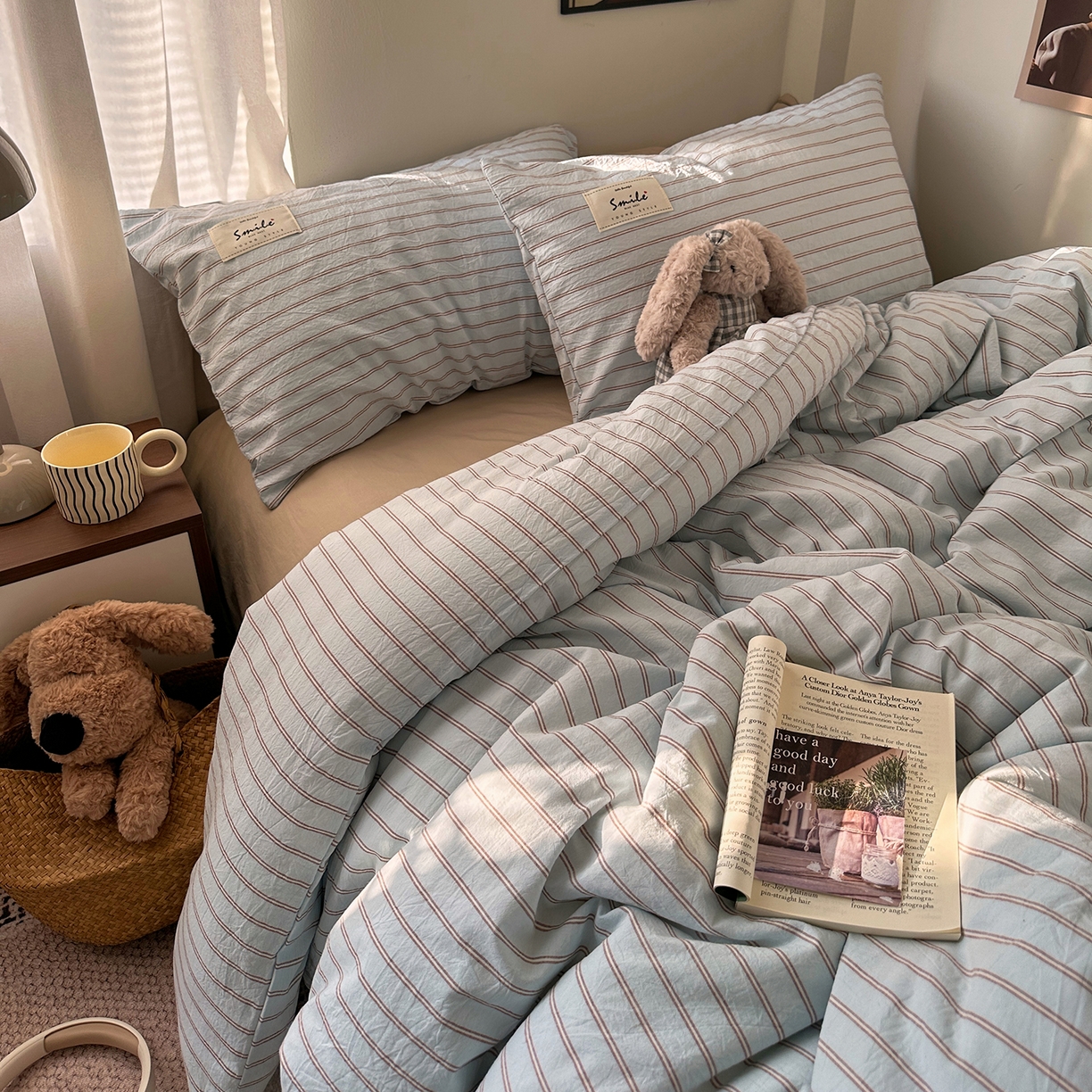 91家纺网 家纺一手货源 找家纺 艾咪-Amy ntmy 2026春夏新款布标款全棉纯棉色织水洗棉四件套-告白 告白-蓝条