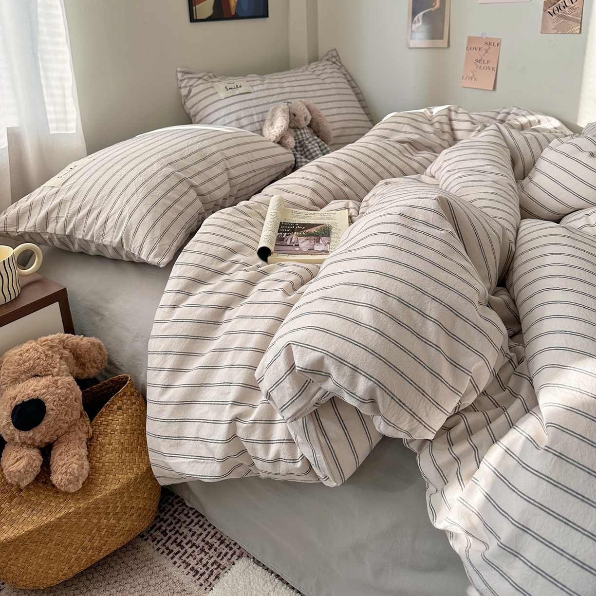 91家纺网 家纺一手货源 找家纺 艾咪-Amy ntmy 2026春夏新款布标款全棉纯棉色织水洗棉四件套-告白 告白-米条