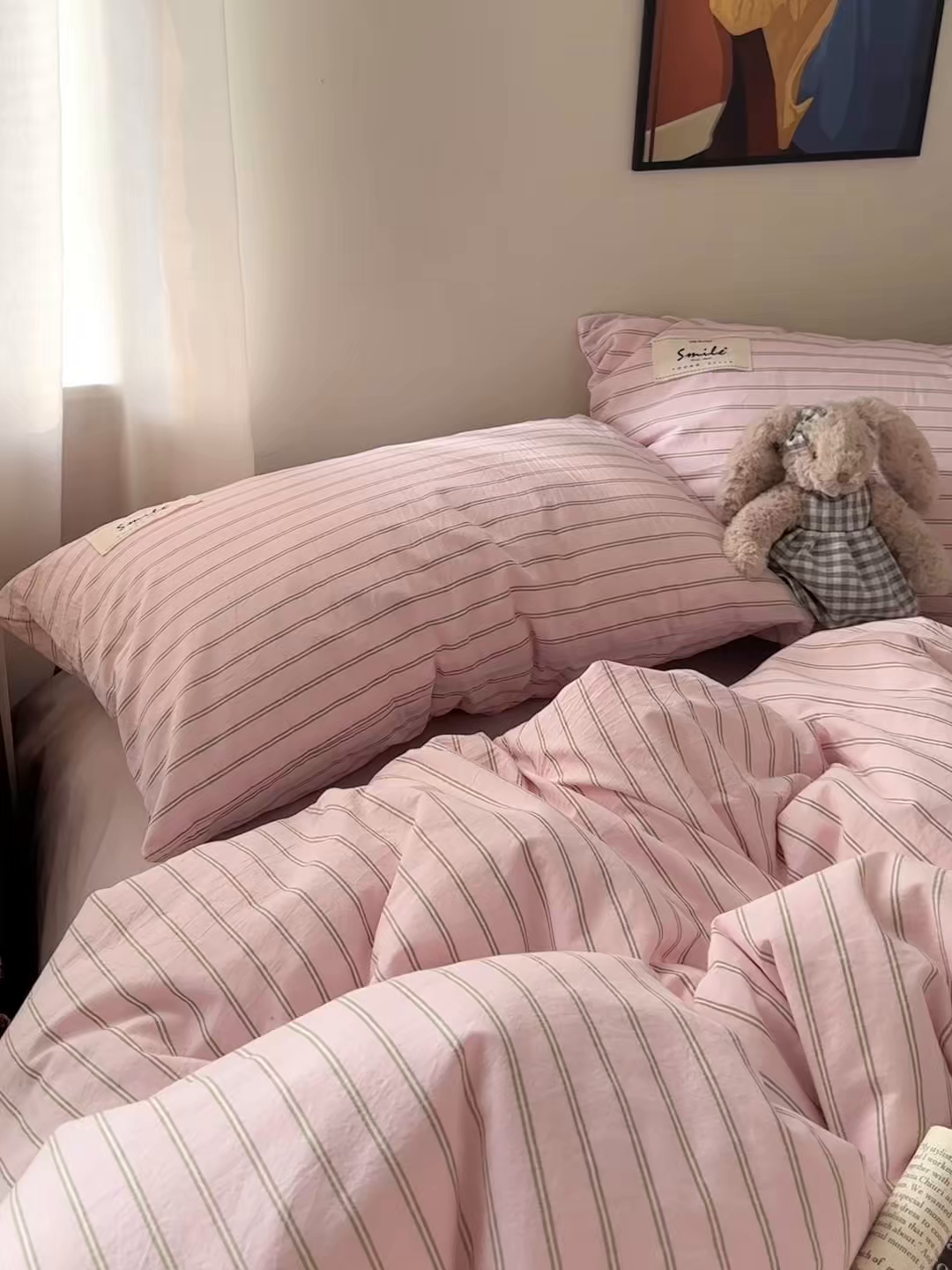 91家纺网 家纺一手货源 找家纺 艾咪-Amy ntmy 2026春夏新款布标款全棉纯棉色织水洗棉四件套-告白 告白-粉条