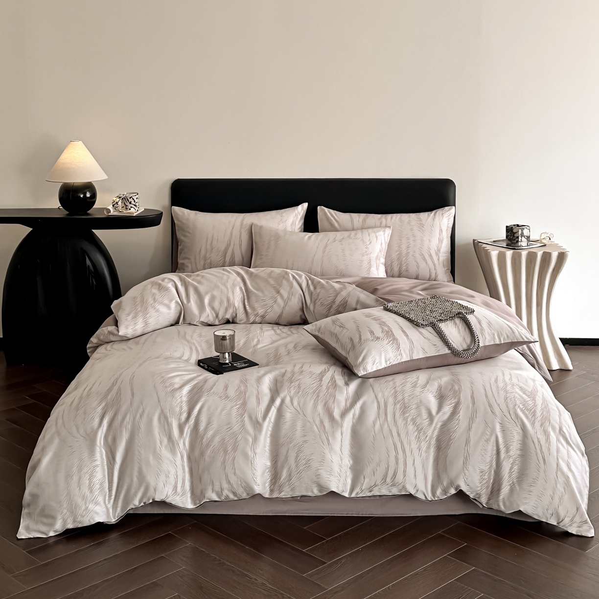 91家纺网 家纺一手货源 找家纺 莱登卡奴 2026新款A类50S天丝棉色织提花系列四件套 云栖处-浅咖