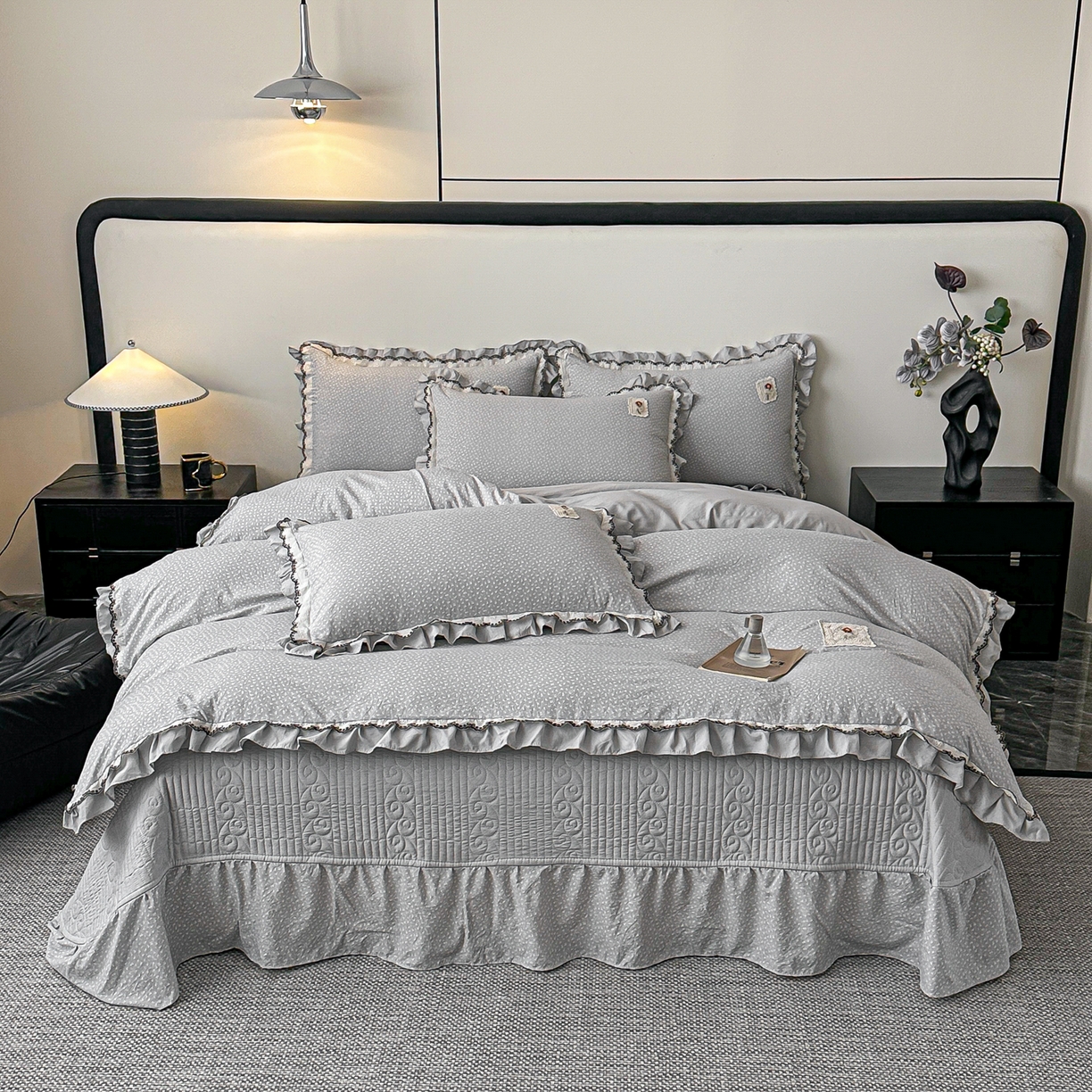 91家纺网 家纺一手货源 找家纺 梓之赫 2026新款云感纱夹棉床盖四件套-小美满 小美满-迷雾灰