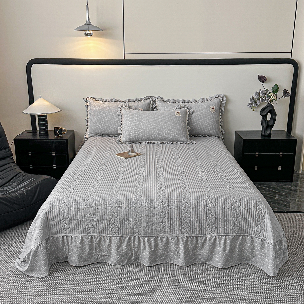 91家纺网 家纺一手货源 找家纺 梓之赫 2026新款云感纱夹棉床盖四件套-小美满 小美满-迷雾灰