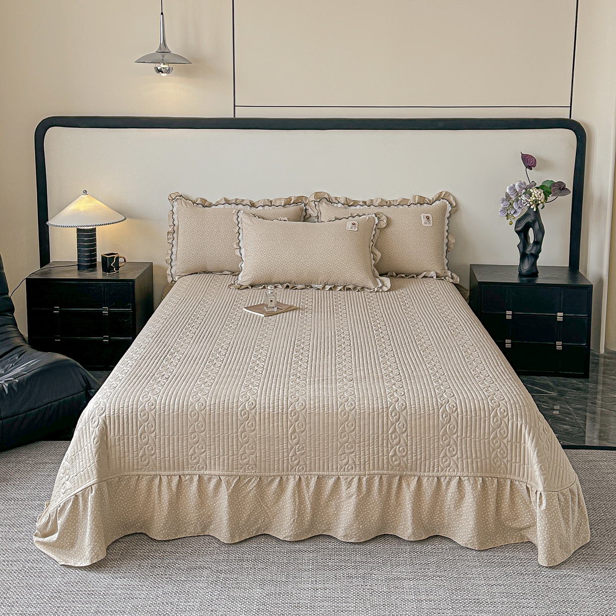 91家纺网 家纺一手货源 找家纺 梓之赫 2026新款云感纱夹棉床盖四件套-小美满 小美满-可可棕