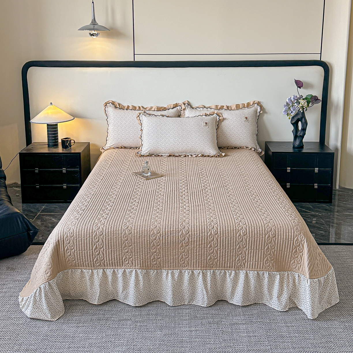 91家纺网 家纺一手货源 找家纺 梓之赫 2026新款云感纱夹棉床盖四件套-小美满 小美满-摩卡棕