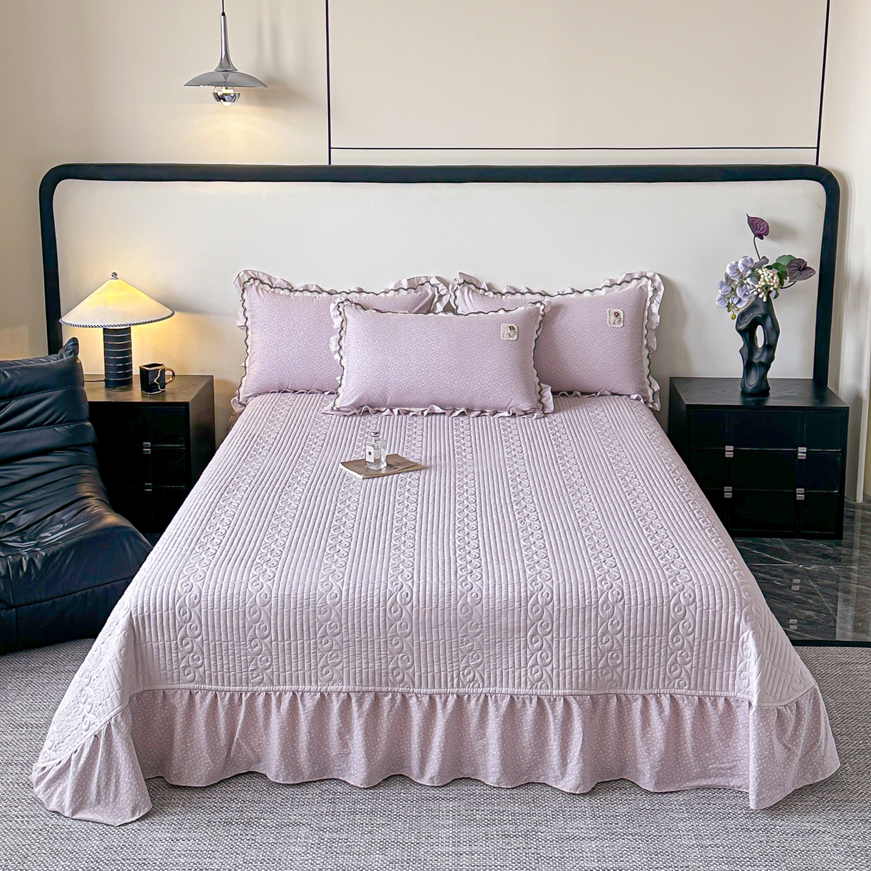 91家纺网 家纺一手货源 找家纺 梓之赫 2026新款云感纱夹棉床盖四件套-小美满 小美满-蜜合紫