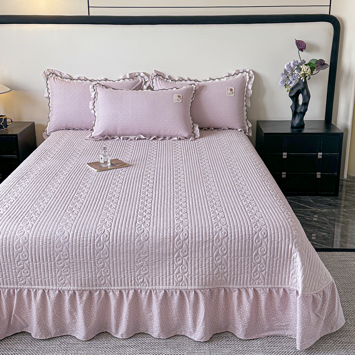 91家纺网 家纺一手货源 找家纺 梓之赫 2026新款云感纱夹棉床盖四件套-小美满 小美满-蜜合紫