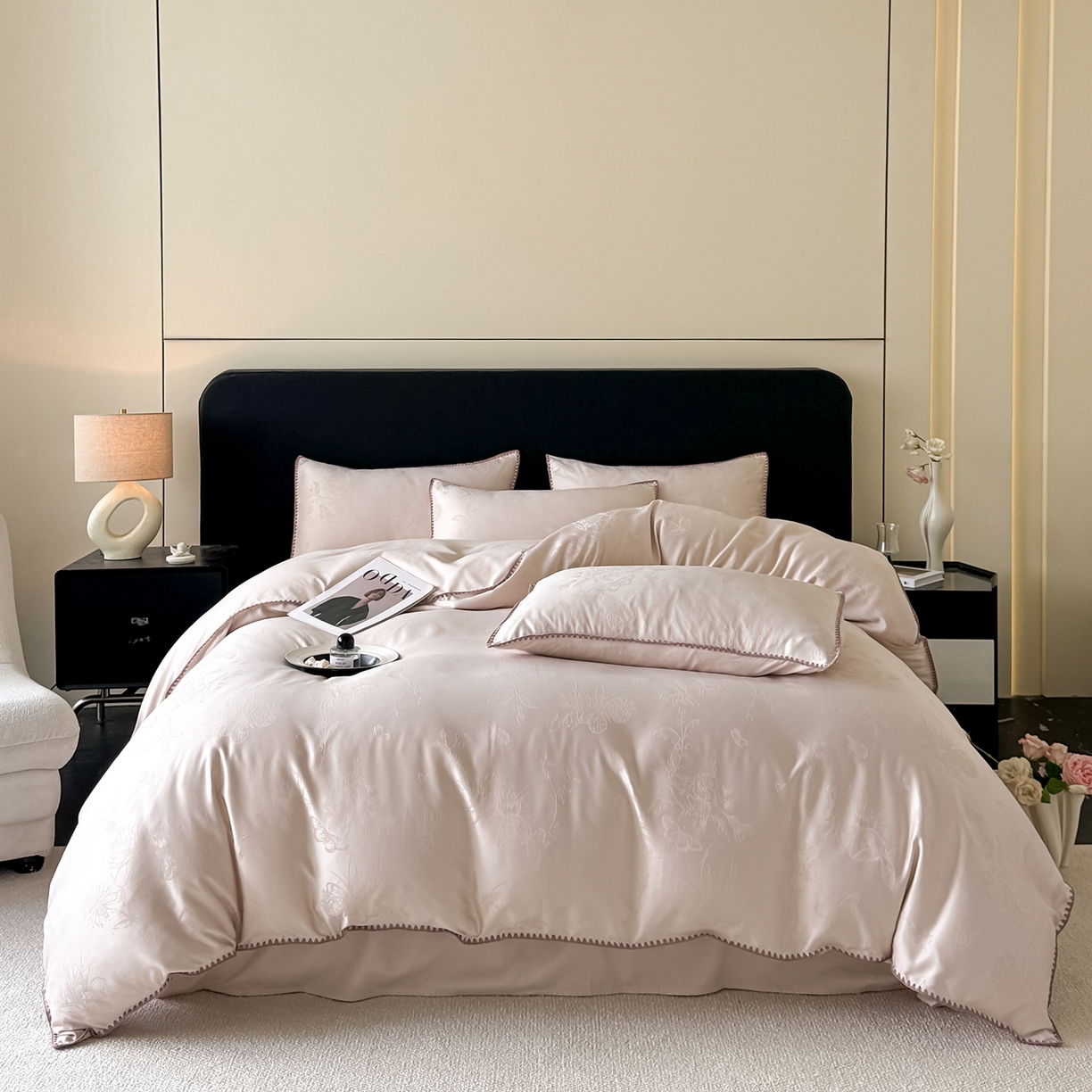 91家纺网 家纺一手货源 找家纺 置顶家纺 2026新款亲肤提花贝壳边四件套-初柠 初柠-玉咖