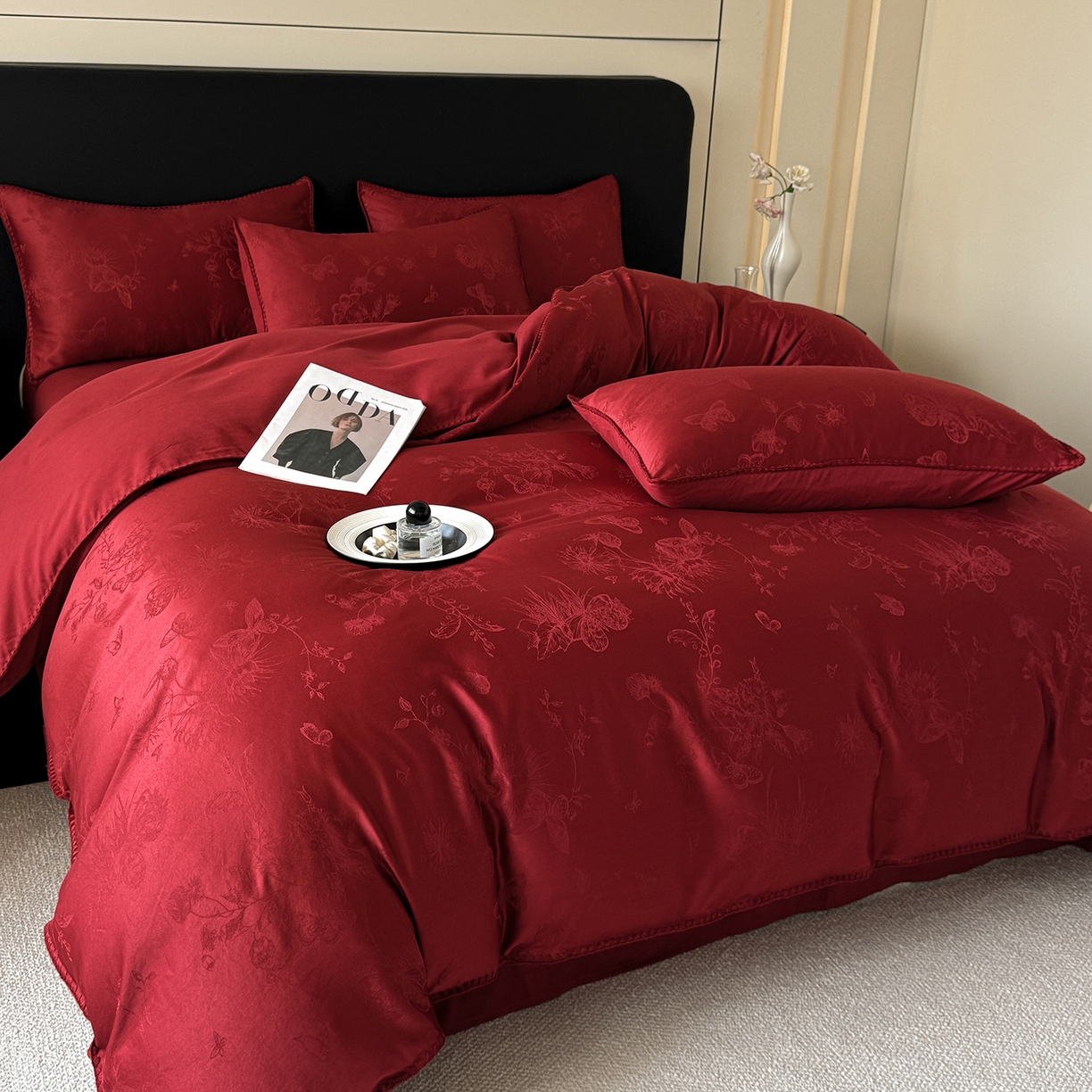 91家纺网 家纺一手货源 找家纺 置顶家纺 2026新款亲肤提花贝壳边四件套-初柠 初柠-红