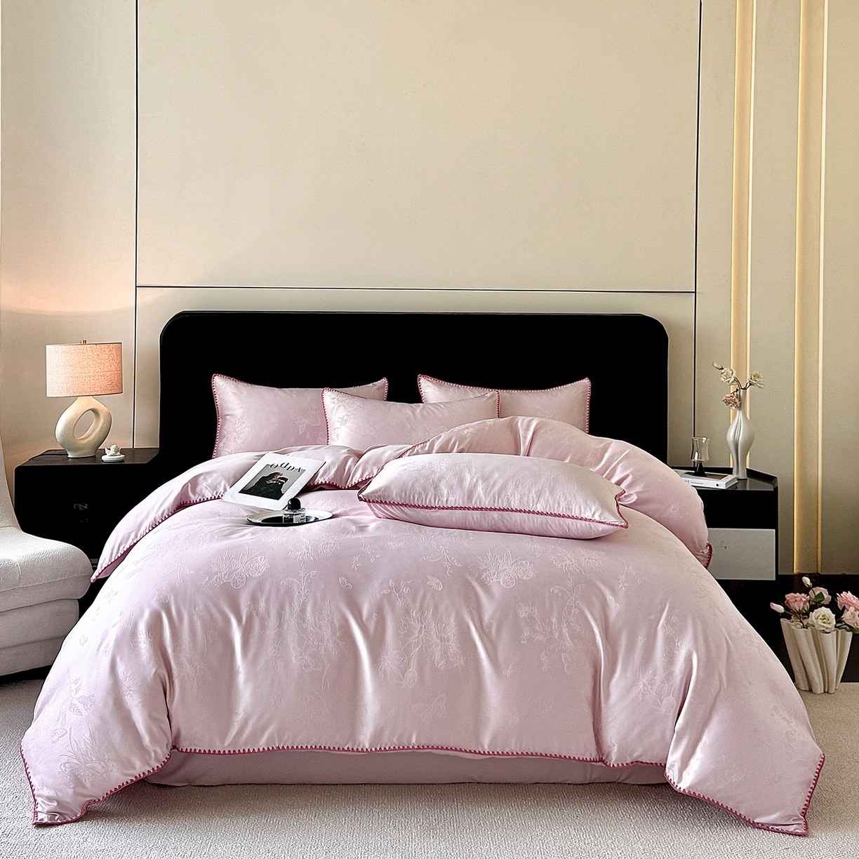 91家纺网 家纺一手货源 找家纺 置顶家纺 2026新款亲肤提花贝壳边四件套-初柠 初柠-浅豆沙