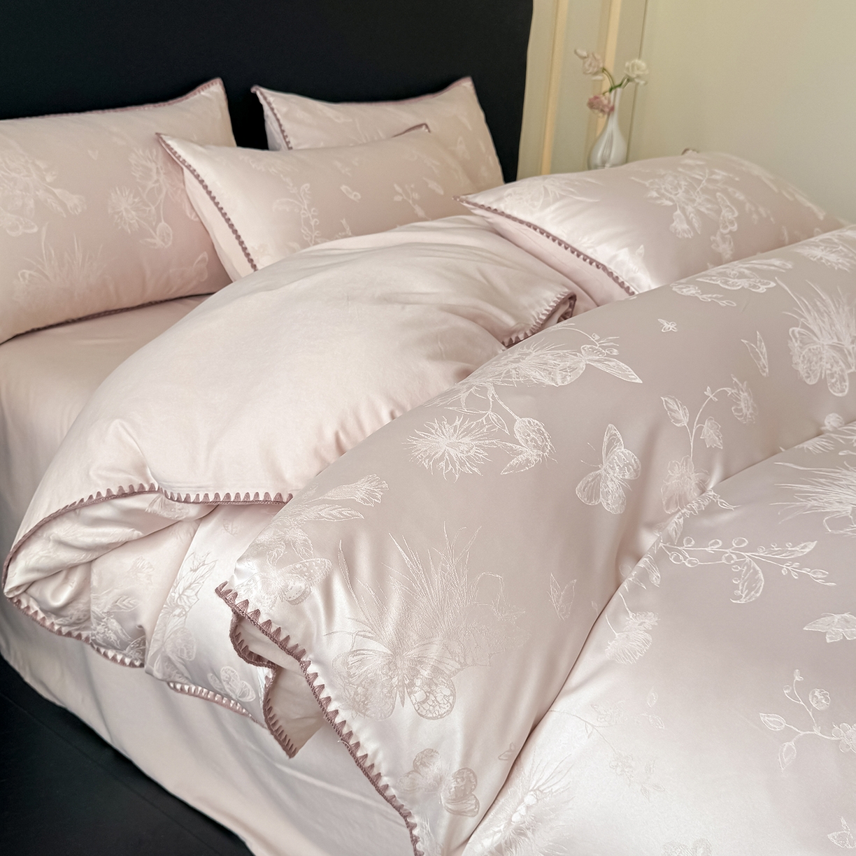 91家纺网 家纺一手货源 找家纺 置顶家纺 2026新款亲肤提花贝壳边四件套-初柠 初柠-玉咖