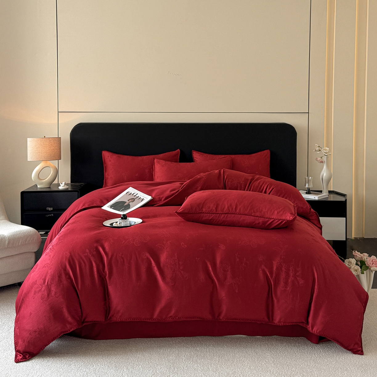 91家纺网 家纺一手货源 找家纺 置顶家纺 2026新款亲肤提花贝壳边四件套-初柠 初柠-红