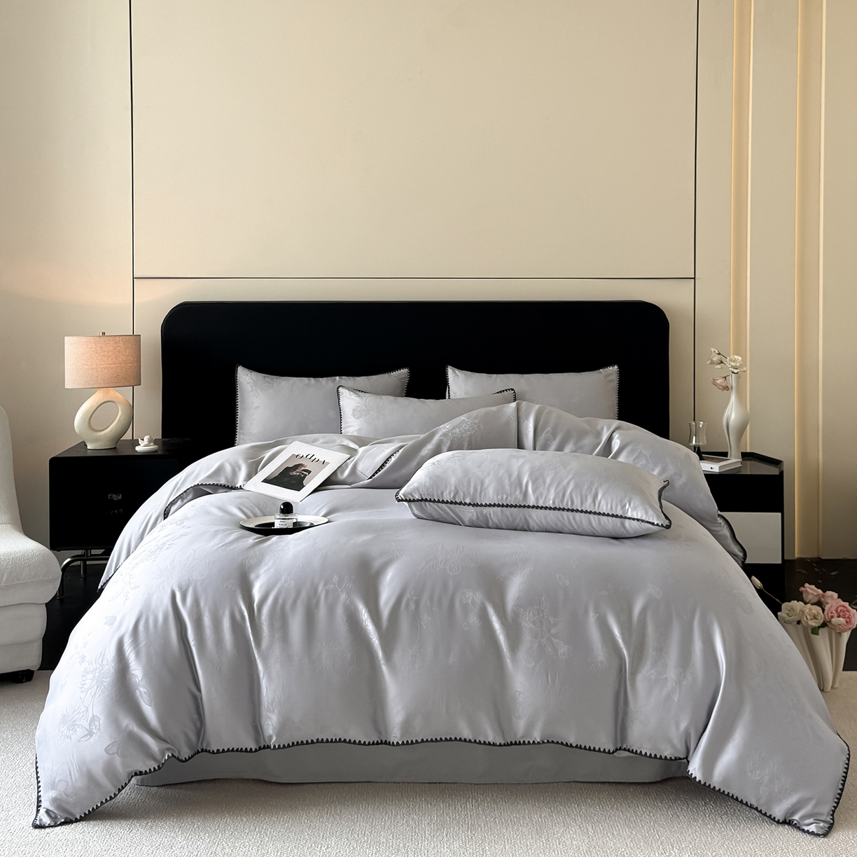 91家纺网 家纺一手货源 找家纺 置顶家纺 2026新款亲肤提花贝壳边四件套-初柠 初柠-灰色