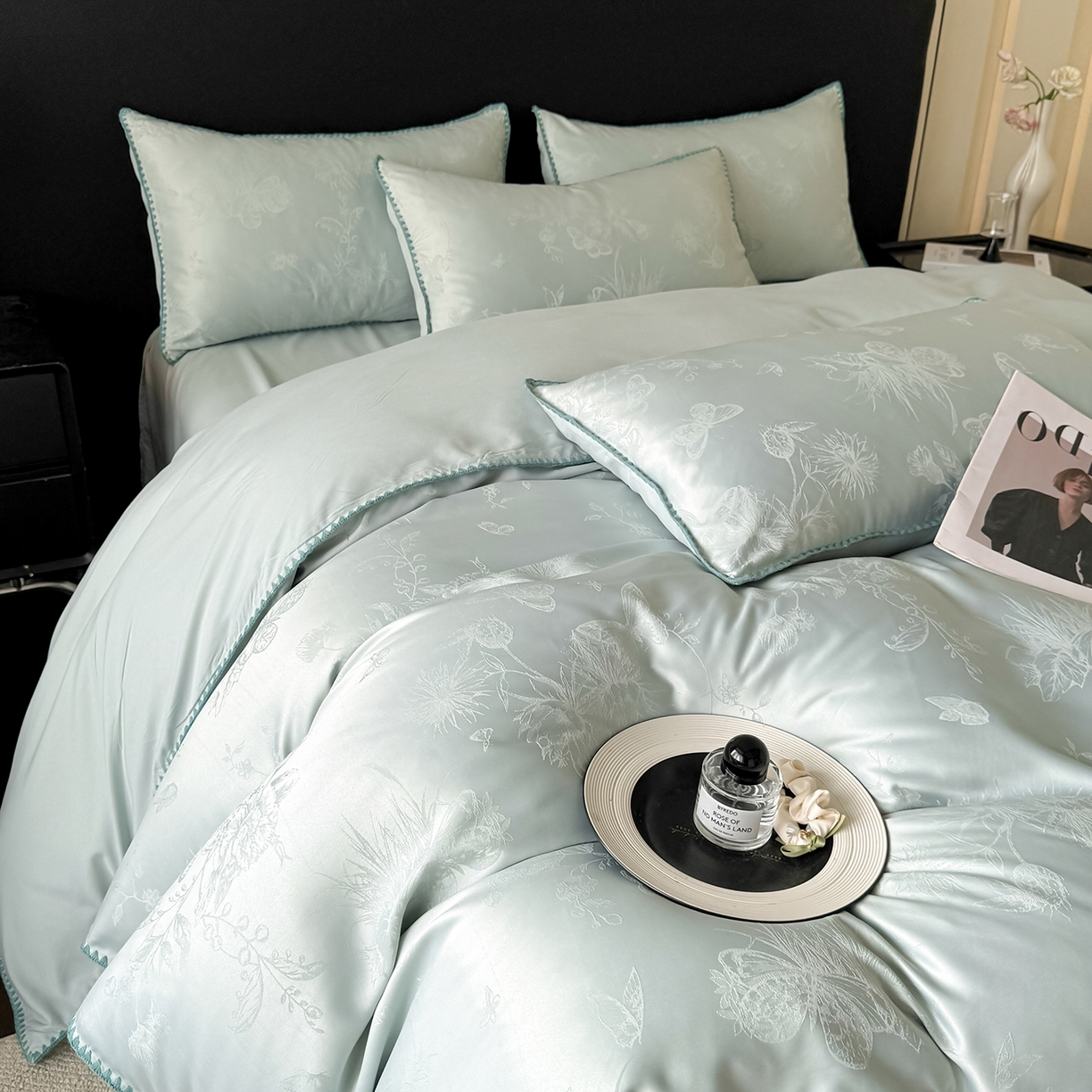 91家纺网 家纺一手货源 找家纺 置顶家纺 2026新款亲肤提花贝壳边四件套-初柠 初柠-月影蓝