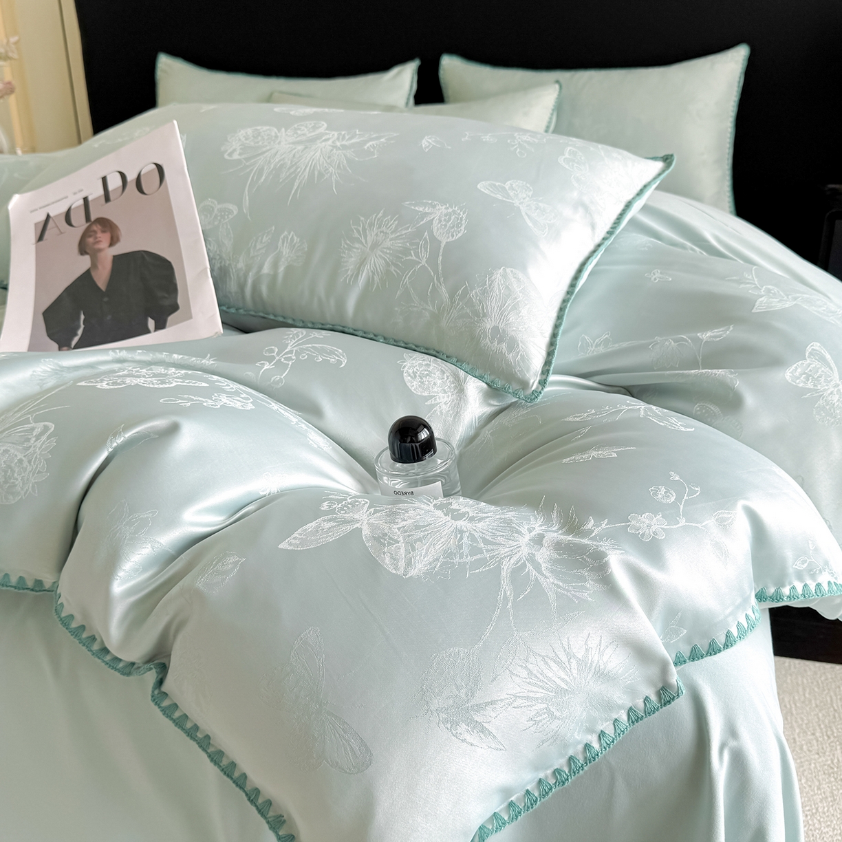 91家纺网 家纺一手货源 找家纺 置顶家纺 2026新款亲肤提花贝壳边四件套-初柠 初柠-月影蓝