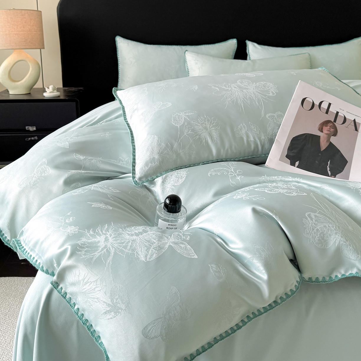 91家纺网 家纺一手货源 找家纺 置顶家纺 2026新款亲肤提花贝壳边四件套-初柠 初柠-月影蓝