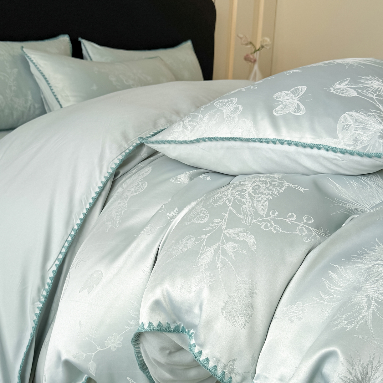 91家纺网 家纺一手货源 找家纺 置顶家纺 2026新款亲肤提花贝壳边四件套-初柠 初柠-月影蓝