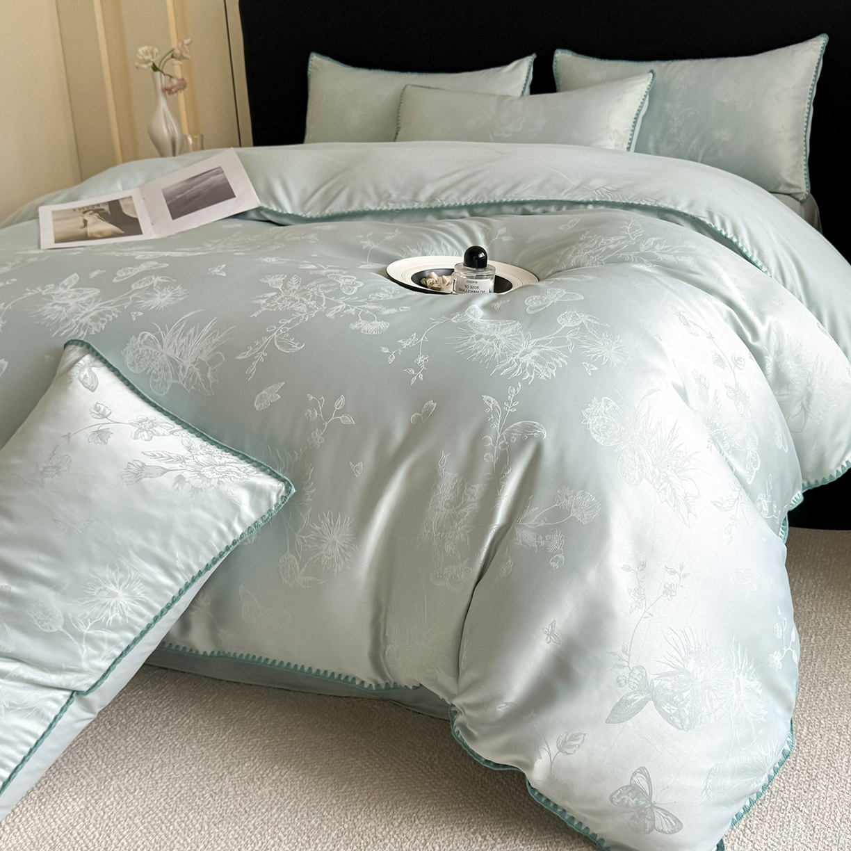 91家纺网 家纺一手货源 找家纺 置顶家纺 2026新款亲肤提花贝壳边四件套-初柠 初柠-月影蓝