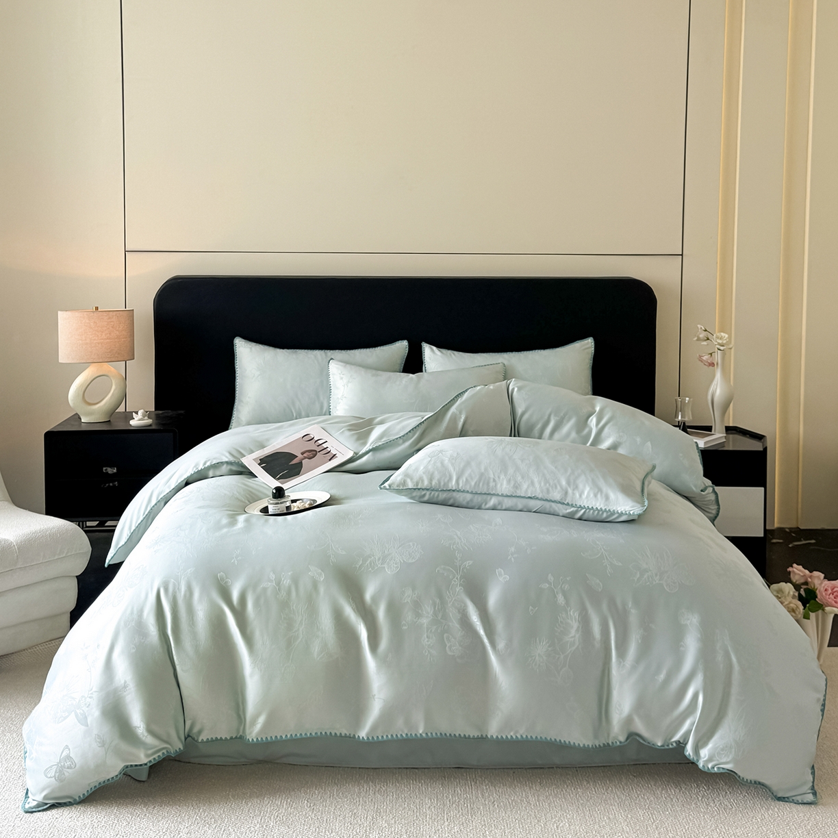 91家纺网 家纺一手货源 找家纺 置顶家纺 2026新款亲肤提花贝壳边四件套-初柠 初柠-月影蓝