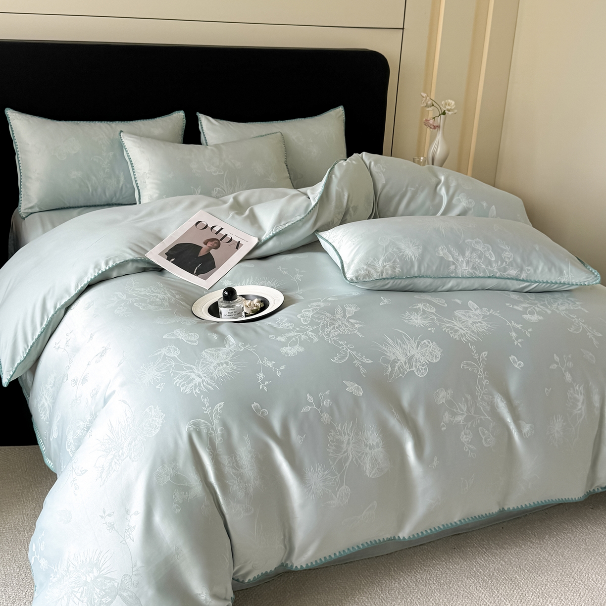 91家纺网 家纺一手货源 找家纺 置顶家纺 2026新款亲肤提花贝壳边四件套-初柠 初柠-月影蓝