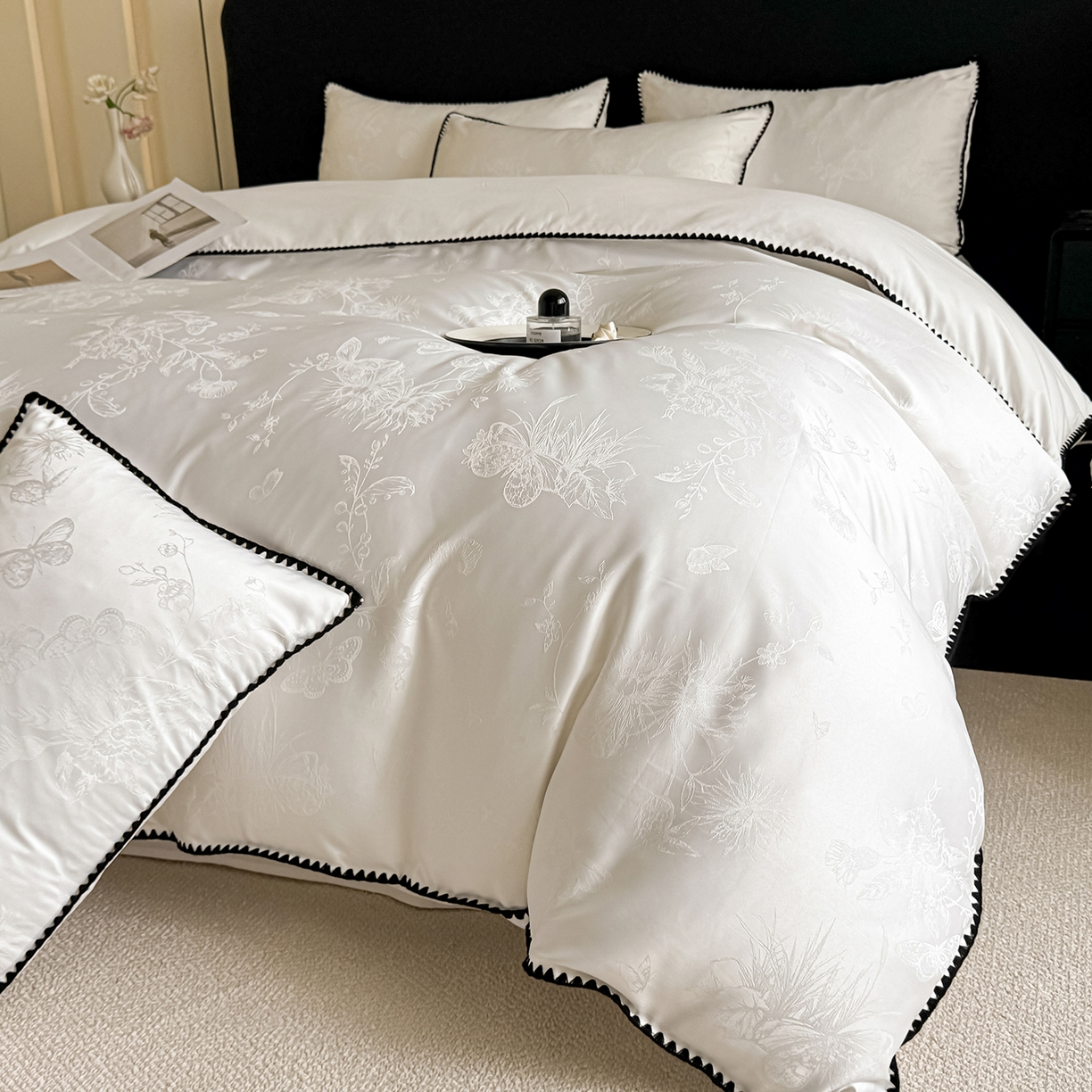 91家纺网 家纺一手货源 找家纺 置顶家纺 2026新款亲肤提花贝壳边四件套-初柠 初柠-白色