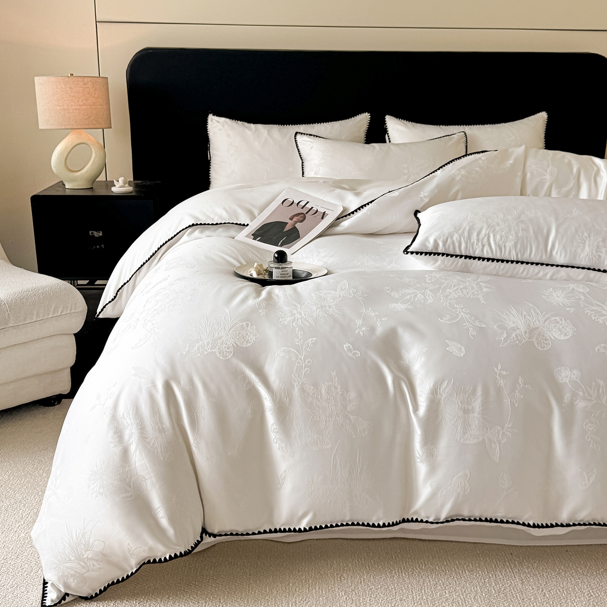 置顶家纺 2026新款亲肤提花贝壳边四件套-初柠 初柠-白色