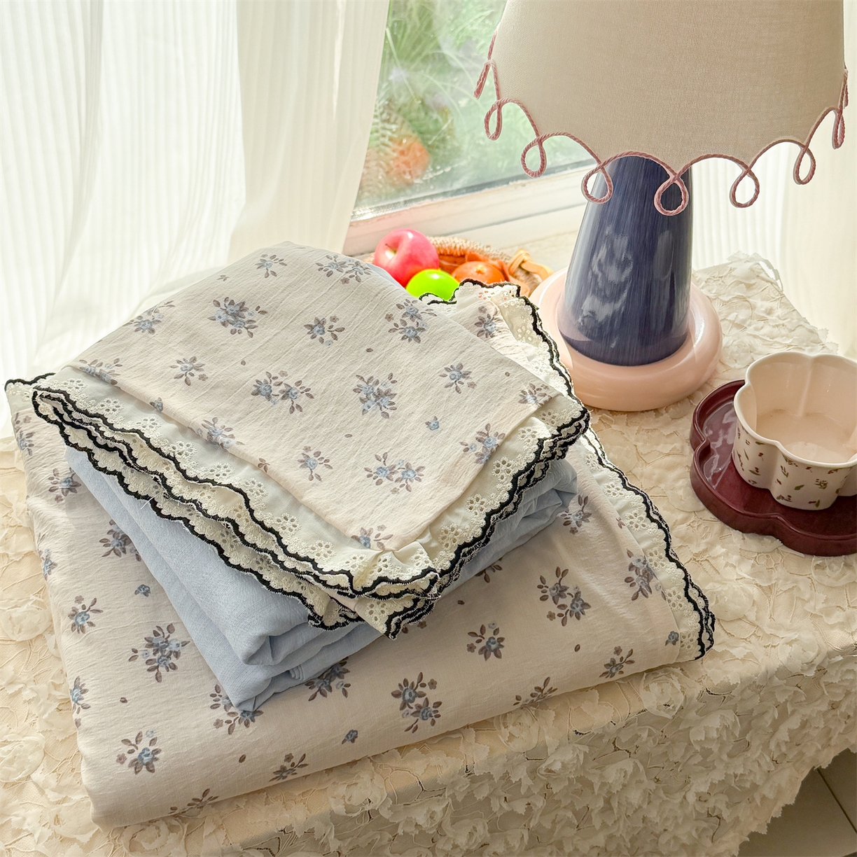 91家纺网 家纺一手货源 找家纺 （总）艾特你 2026新款针织提花双层纱全棉纯棉蕾丝花边四件套