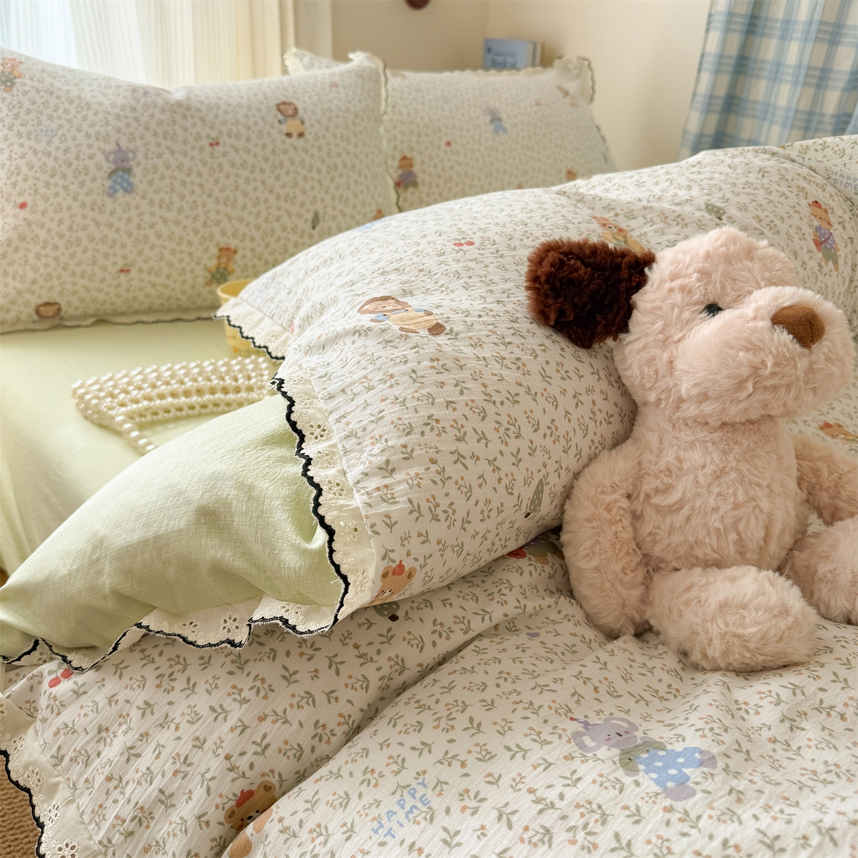 91家纺网 家纺一手货源 找家纺 艾特你 2026新款针织提花双层纱全棉纯棉蕾丝花边四件套 软萌可可