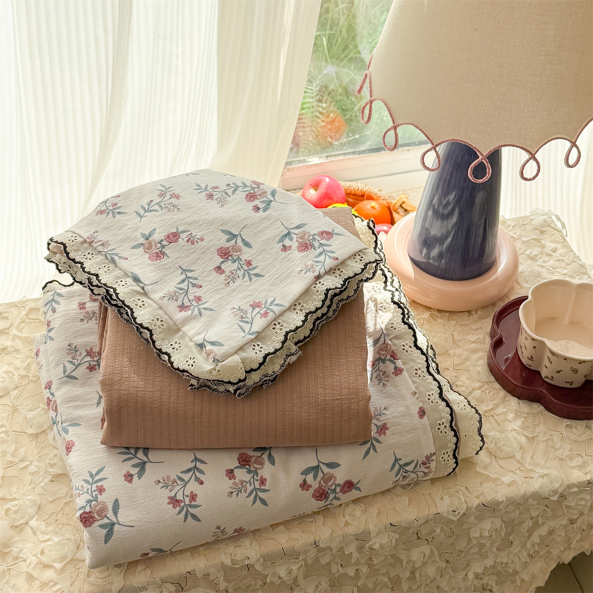 艾特你 2026新款针织提花双层纱全棉纯棉蕾丝花边四件套 繁花