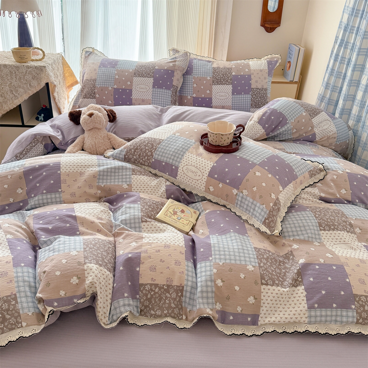 91家纺网 家纺一手货源 找家纺 艾特你 2026新款针织提花双层纱全棉纯棉蕾丝花边四件套 花田紫