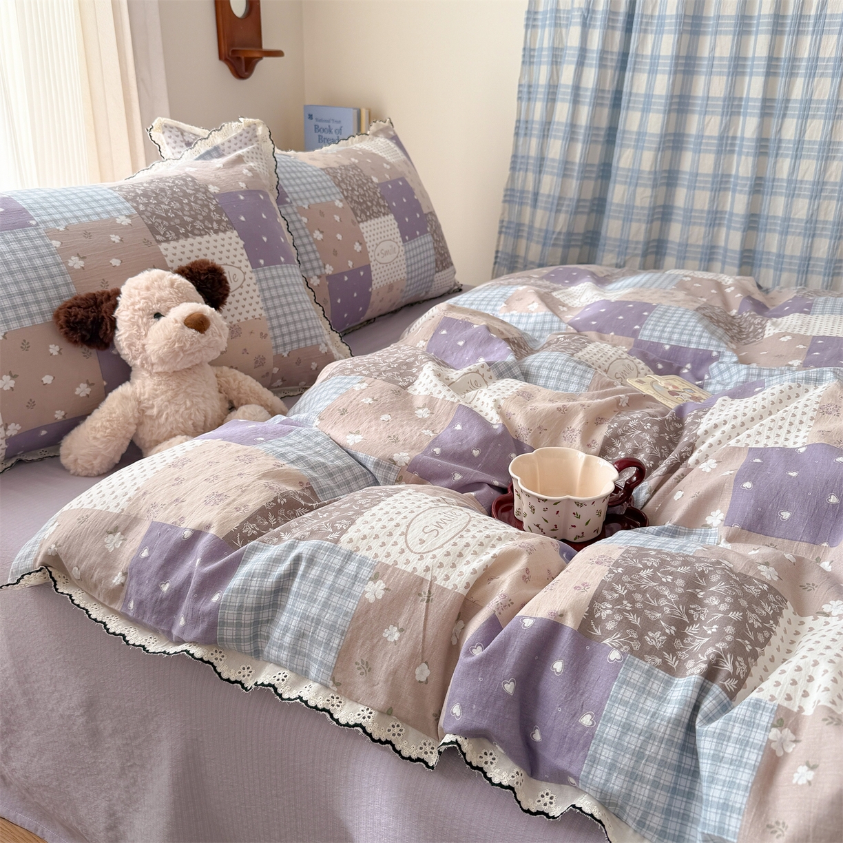 91家纺网 家纺一手货源 找家纺 艾特你 2026新款针织提花双层纱全棉纯棉蕾丝花边四件套 花田紫