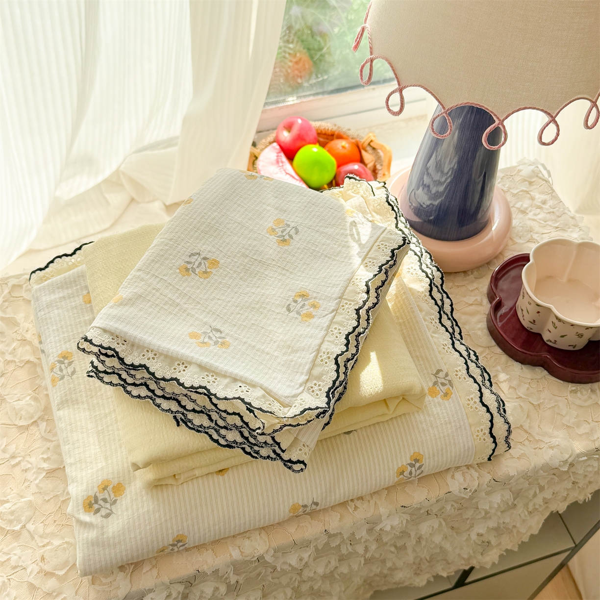 艾特你 2026新款针织提花双层纱全棉纯棉蕾丝花边四件套 秋之恋