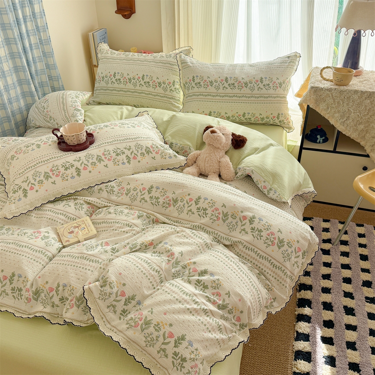 91家纺网 家纺一手货源 找家纺 艾特你 2026新款针织提花双层纱全棉纯棉蕾丝花边四件套 藤蔓