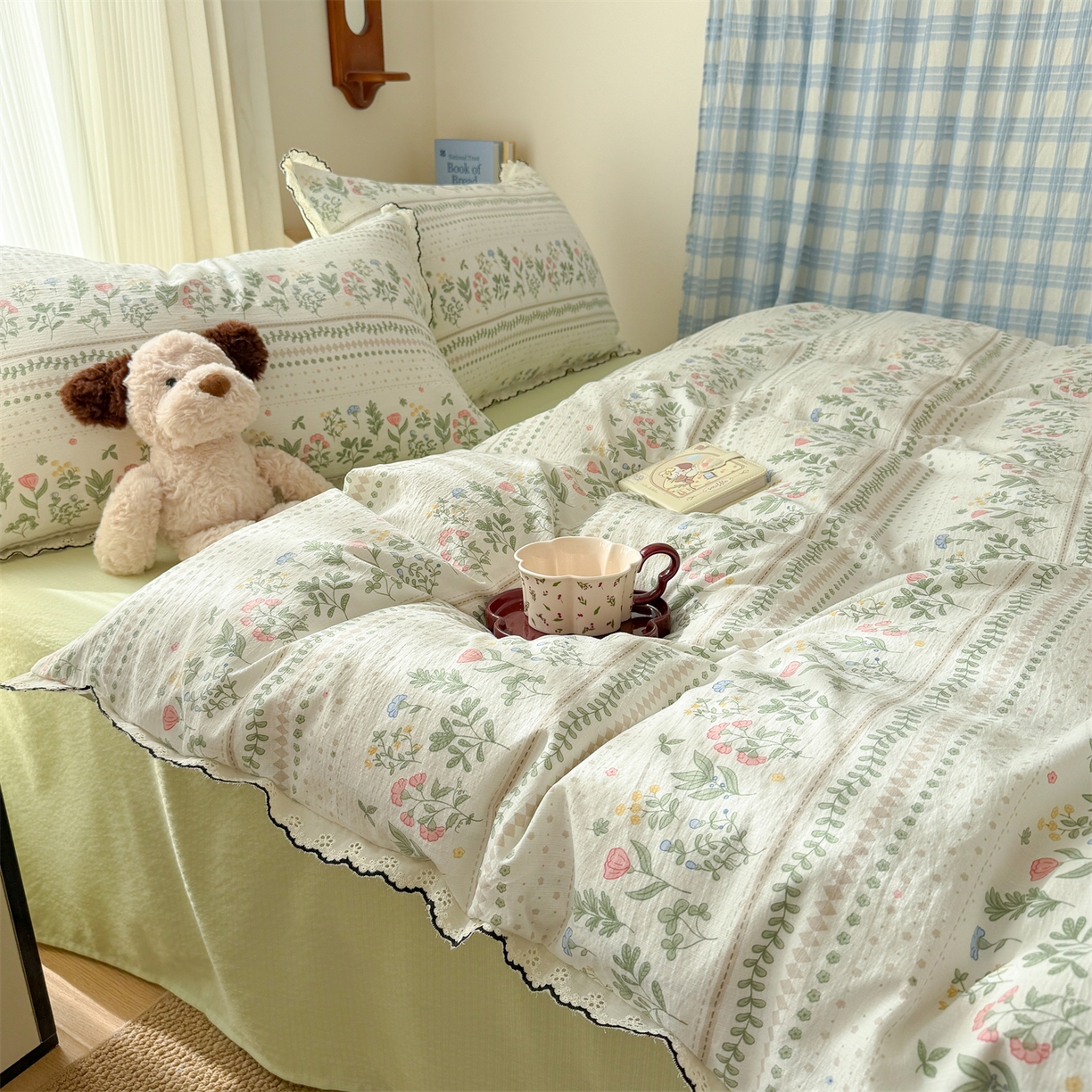 91家纺网 家纺一手货源 找家纺 艾特你 2026新款针织提花双层纱全棉纯棉蕾丝花边四件套 藤蔓