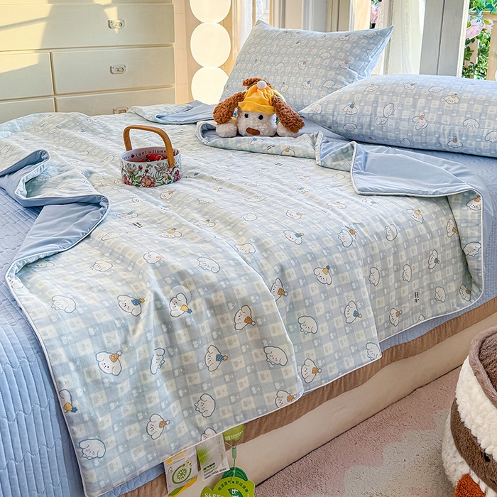 91家纺网 家纺一手货源 找家纺 木楌家居 2026新款全棉纱布云感冰冰被床盖四件套系列 樱桃狗