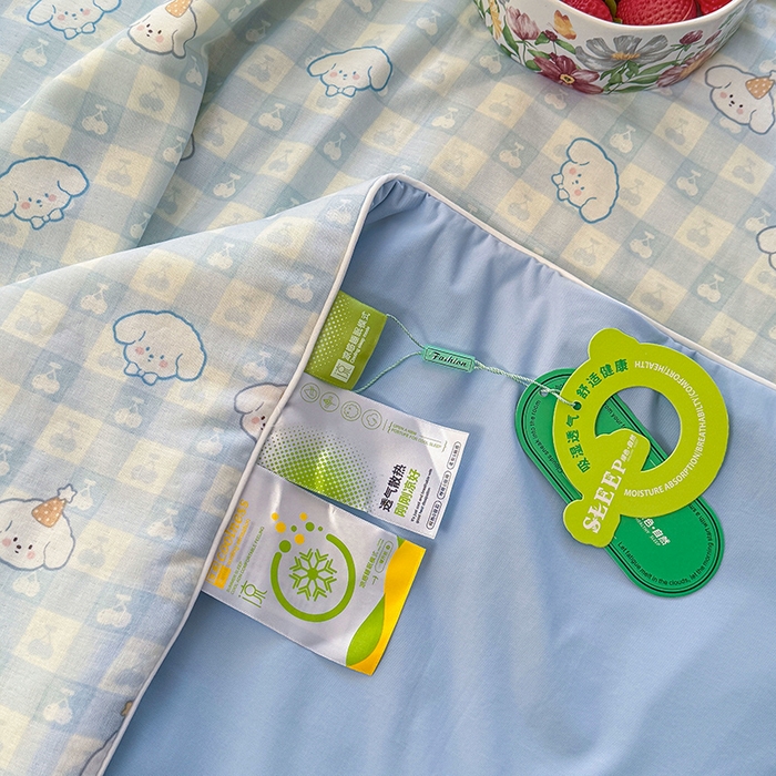 91家纺网 家纺一手货源 找家纺 木楌家居 2026新款全棉纱布云感冰冰被床盖四件套系列 樱桃狗